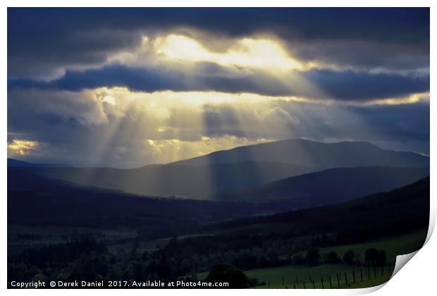 Pitlochry- Light beams on the hills Print by Derek Daniel