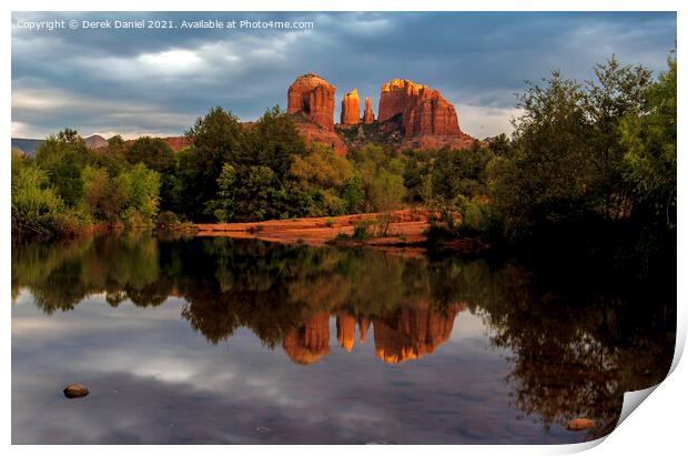 Sunlight hits the top of Cathedral Rock Sedona  Print by Derek Daniel