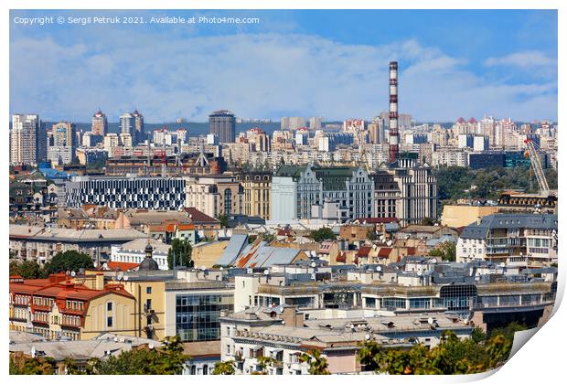 Dense development of the old district of Podil in Kyiv with residential and office buildings. Print by Sergii Petruk