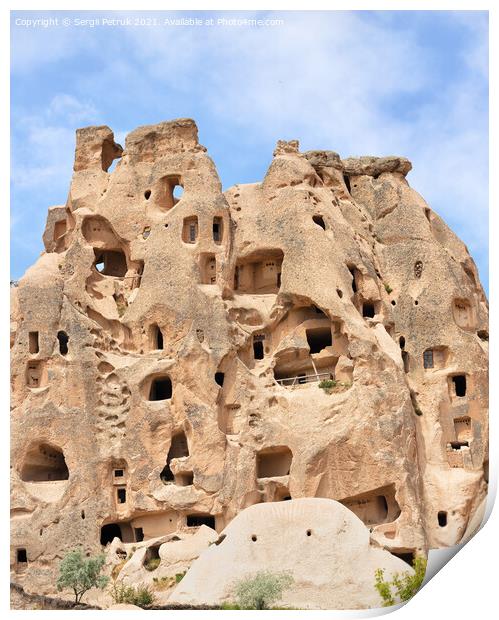 Ancient residential caves in the sandstone mountains of Cappadocia in Turkey. Print by Sergii Petruk