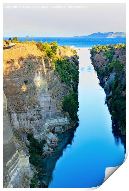 The narrow Corinth Canal in Greece, connecting the Aegean and Ionian Seas. Landscape on a sunny day. Print by Sergii Petruk