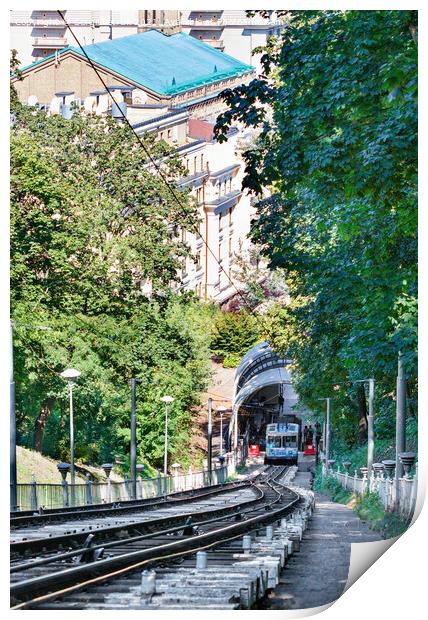 Funicular rail track, the car is filled with passengers at the lower station, surrounded by a summer green park. Print by Sergii Petruk