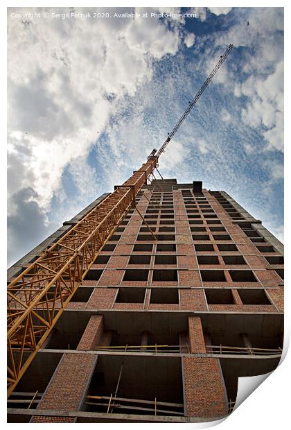 New house under construction with a tower crane against the blue sky and birds in the sky Print by Sergii Petruk
