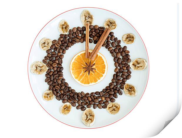 Grains of roasted coffee, mugs of dried orange and Print by Sergii Petruk