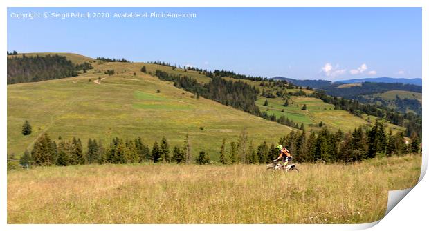 Motorcyclist moves down the slope of the Carpathian Mountains Print by Sergii Petruk