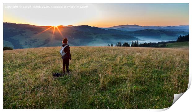 A young woman meets a dawn on a meadow hill in the Carpathian Mountains Print by Sergii Petruk