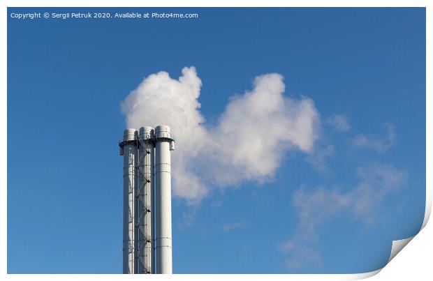 White smoke comes from a white chimney pipe on a background of blue sky. Print by Sergii Petruk
