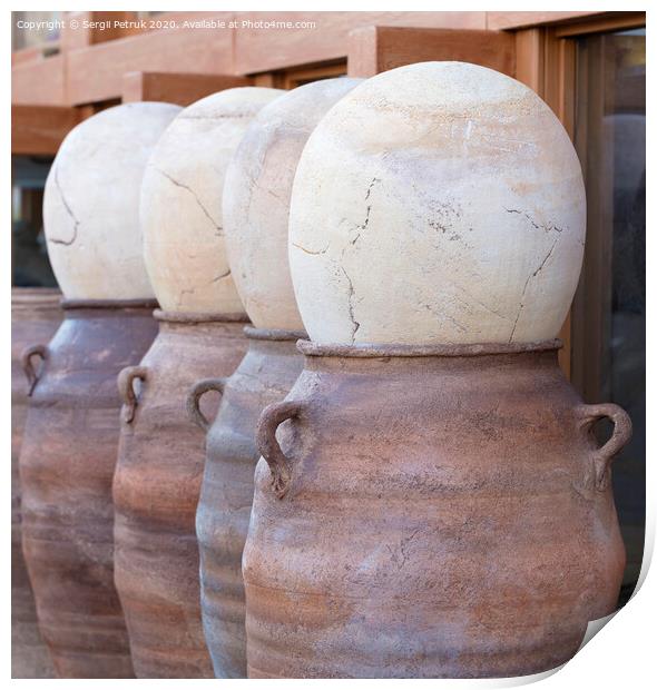 Large clay pots in a row for sale Print by Sergii Petruk