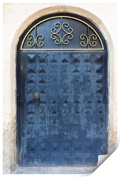 Ancient arched old iron doors with a forged handle and an upper frame Print by Sergii Petruk