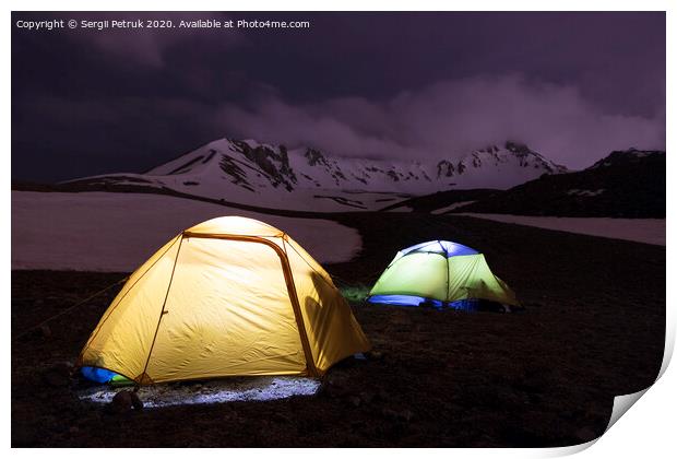 Tents of tourists are located at the foot of Mount Erciyes in central Turkey Print by Sergii Petruk