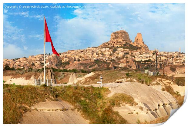 Great national flag of Turkey. Cave Uchhisar. Cappadocia, Turkey. Print by Sergii Petruk