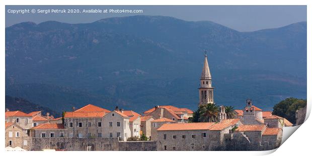 View of the old town of Budva in Montenegro against the background of blue-green mountains Print by Sergii Petruk
