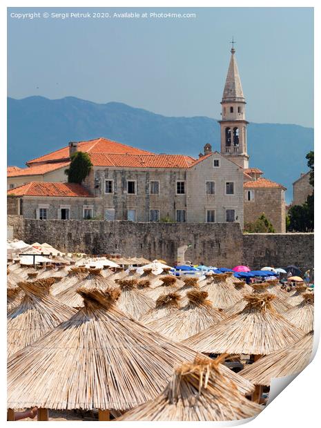 Thatched roofs of beach umbrellas in the bright sun Print by Sergii Petruk