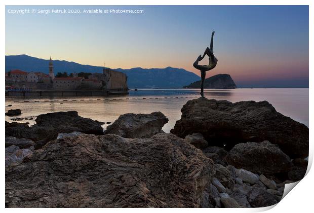 The statue of Ballerina Dancer, standing on the rock. Budva, August 2018. Print by Sergii Petruk