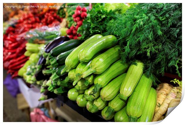 Juicy greens of zucchini, dill, parsley and eggplant, radish, is on the market for sale Print by Sergii Petruk