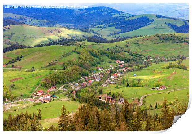 Beautiful landscape of the Carpathian Mountains, Ukraine, overlooking the village from the top of the mountain. Print by Sergii Petruk