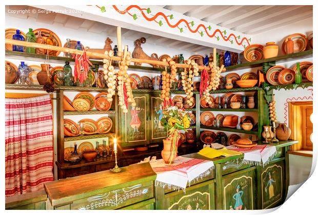 Design and interior of an old cafe, shop, earthenware dishes in an old Ukrainian rural house. Print by Sergii Petruk