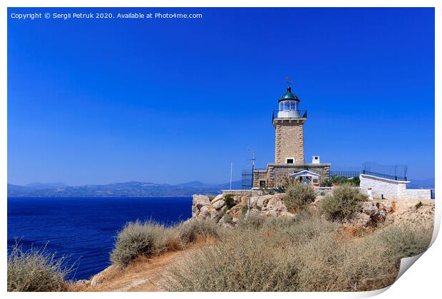 Old stone lighthouse on the high cape Malagavi, Loutraki, Greece. Print by Sergii Petruk