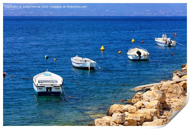 Powerboats and boats are anchored along the rocky coast of the Ionian Sea. Print by Sergii Petruk