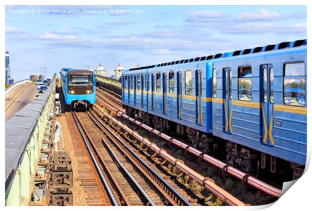 Two metro trains go towards each other along the metro bridge in Kyiv across the Dnipro River. Print by Sergii Petruk