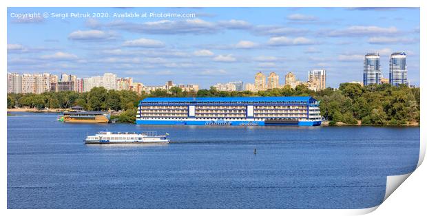Landscape: pleasure ships go along the Dnipro River against the background of residential areas of Kyiv on the banks in bright sunlight. Print by Sergii Petruk