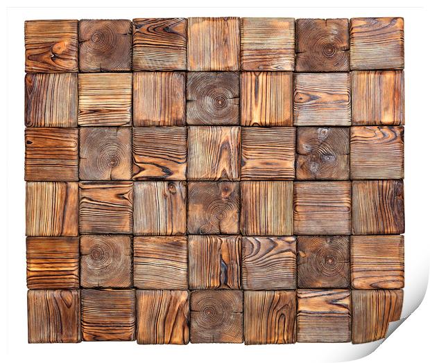 Beautiful mosaic made of various square textures of old wood, isolated on a white background. Print by Sergii Petruk