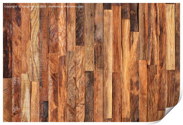 Pattern. Wooden mosaic wall. Mosaic of old wooden slats. Print by Sergii Petruk