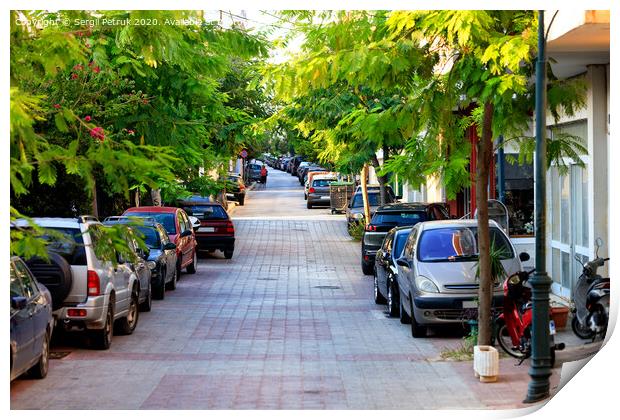 The pedestrian part of the road is blocked by parked cars along the road on a narrow city street in the early morning. Print by Sergii Petruk