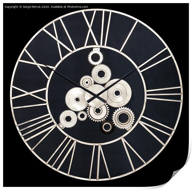 Unusual industrial wall clock made of metal and real gears, isolated on a black background. Print by Sergii Petruk