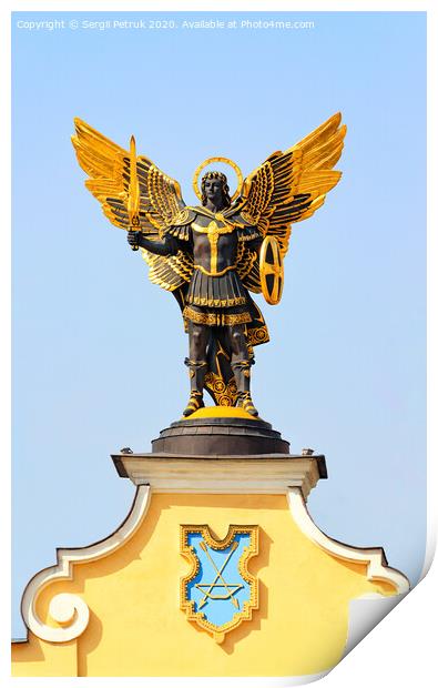 Monument to St. Michael on the Maidan in Kyiv against the blue sky. Print by Sergii Petruk