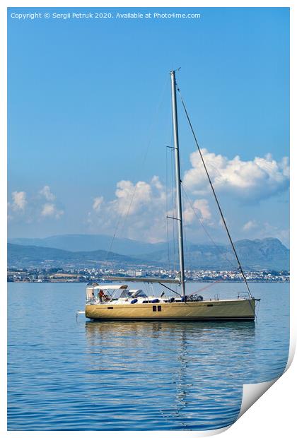 Sailing yacht anchored in the background of mountains and morning haze in the Corinthian bay. Print by Sergii Petruk