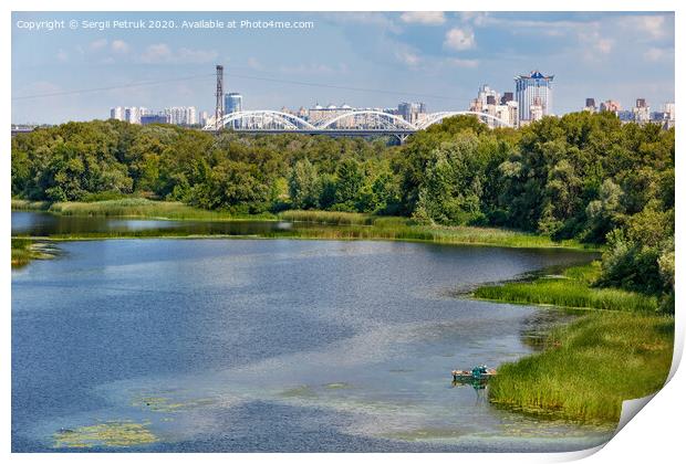 Natural picturesque landscape of the Dnipro bay near one of the river islands. An industrial city is visible in the background. Print by Sergii Petruk