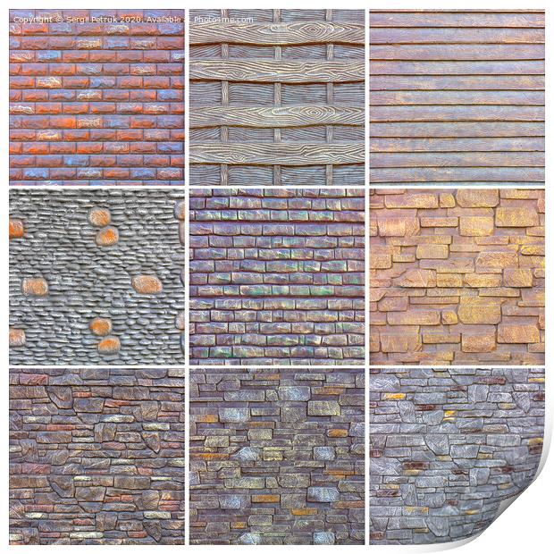 Collage of various stone textures for decorating external surfaces. Print by Sergii Petruk