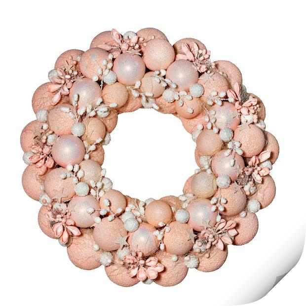 Christmas wreath with decorative balls, flowers and stars in pink and beige pastel colors, isolated on white. Print by Sergii Petruk