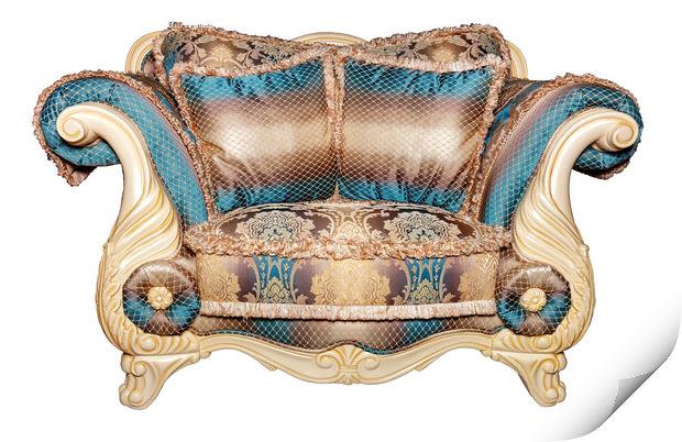 Luxurious sofa for two, upholstered in an expensive brocade textile fabric, isolated on a white background. Print by Sergii Petruk
