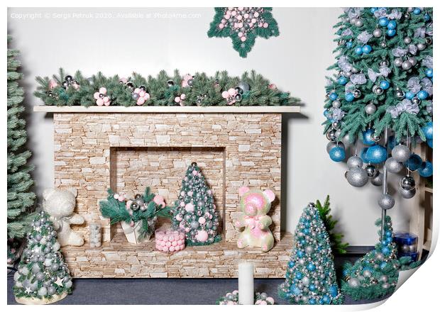 New Years holiday, fireplace with gifts, decorative Christmas trees, toys, balls and fir branches. Print by Sergii Petruk