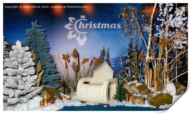 New Year Christmas composition with artificial trees, snow, boulders and an original wooden chair. Print by Sergii Petruk