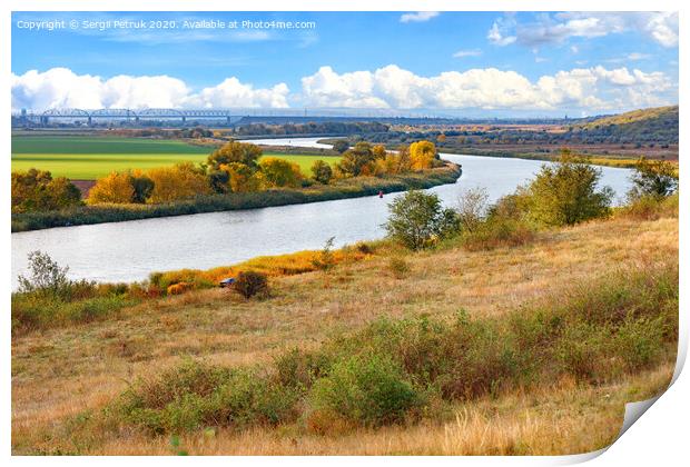 A beautiful autumn landscape with a smooth bend of the river among the plain of fields. Print by Sergii Petruk