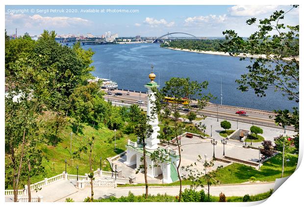 Beautiful landscape of summer Kyiv with a view of the Dnipro River and a monument to the Magdeburg Law. Print by Sergii Petruk
