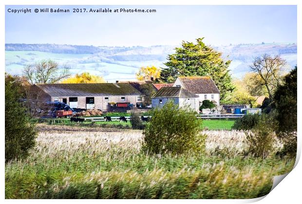 A farm with the Mendip Hills in the background Print by Will Badman