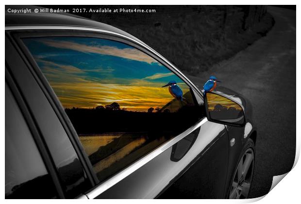 Sunset and kingfisher reflections in Audi window Print by Will Badman