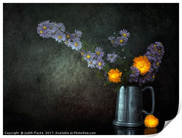Still life with Michaelmas daisies and marigolds Print by Judith Flacke