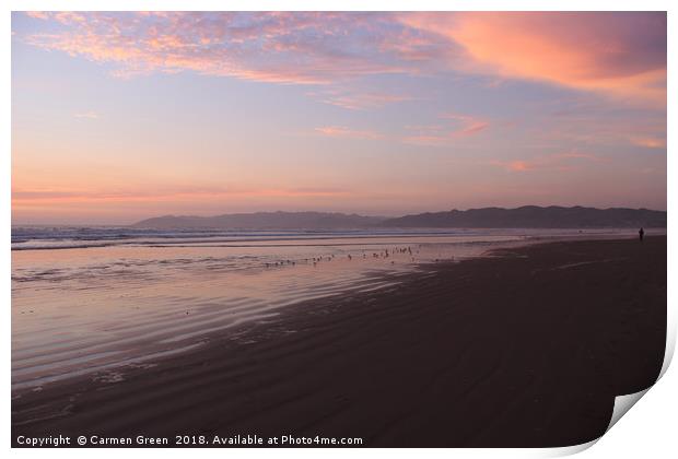 Sunset and waders at Pismo beach, California  Print by Carmen Green