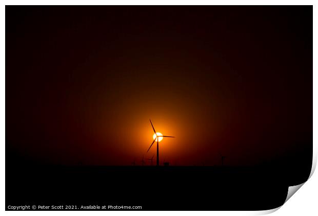 sunsetting behind Oklahoma wind farm Print by Peter Scott