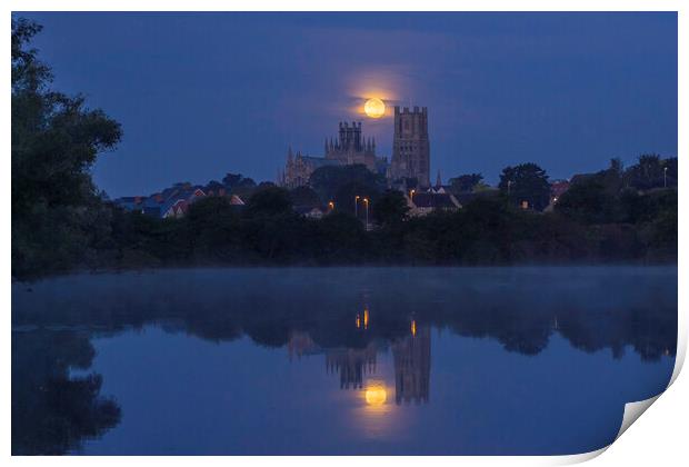 Harvest Moon setting over Ely Cathedral, 21st September 2021 Print by Andrew Sharpe
