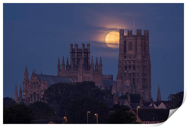 Harvest Moon setting over Ely Cathedral, 21st September 2021 Print by Andrew Sharpe
