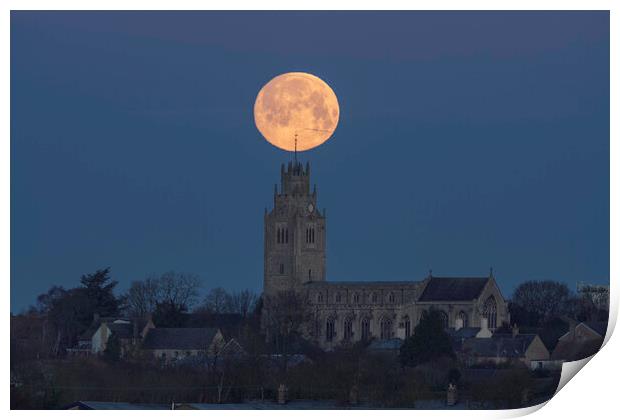 Wolf Moon setting over St Andrew's Chrurch, Sutton-in-the-Isle Print by Andrew Sharpe
