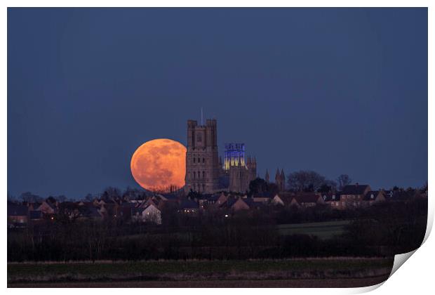 Worm Moon rising behind Ely Cathedral, 18th March 2022 Print by Andrew Sharpe