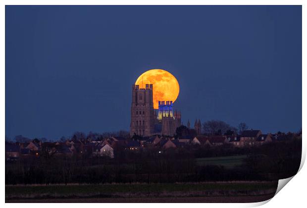 Worm Moon rising behind Ely Cathedral, 18th March 2022 Print by Andrew Sharpe