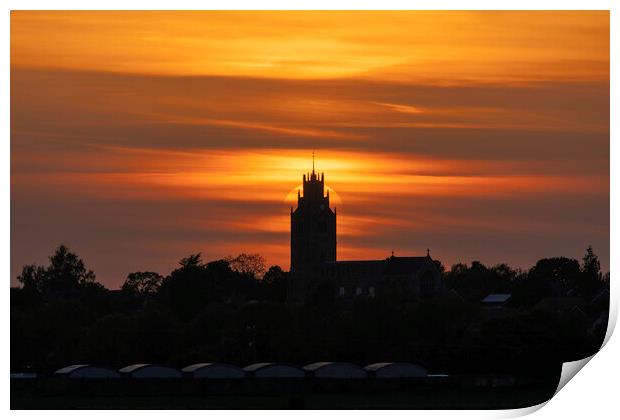 Sunset behind St Andrew's Church, Sutton-in-the-Isle, Cambs Print by Andrew Sharpe